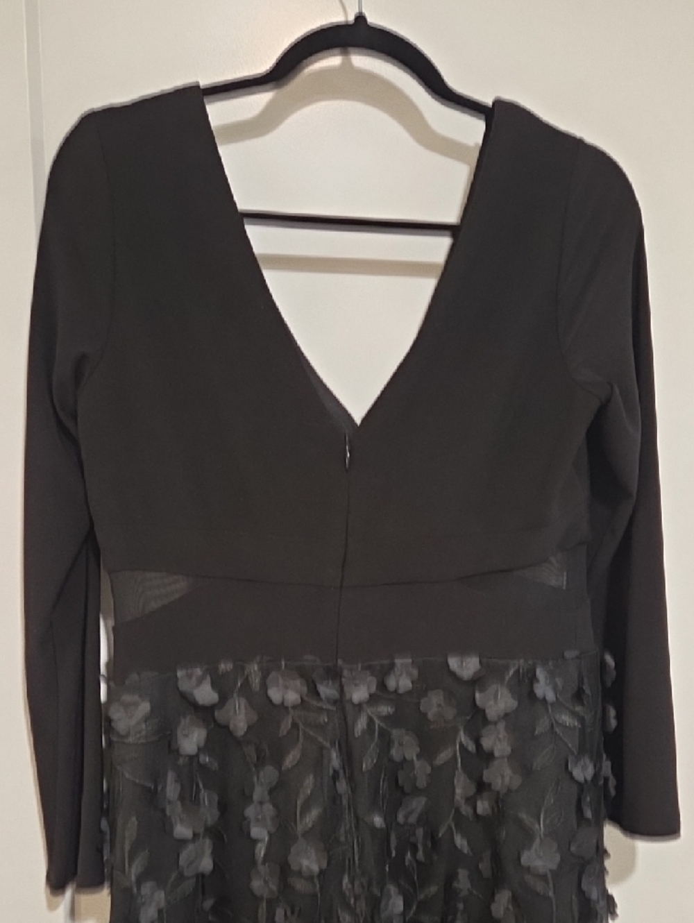 Xscape Black Long Sleeve V-Neck Dress with Floral Appliqué Skirt - Picture 5 of 6